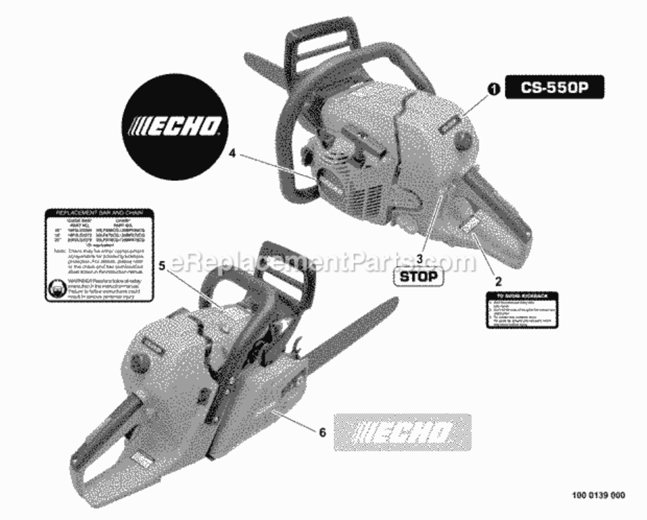 Labels Diagram and Parts List for CS-550P C10712001001 - C10712999999 Echo Chainsaw