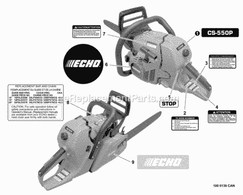 Labels Diagram and Parts List for CS-550P C14113001001 - C14113999999 Echo Chainsaw