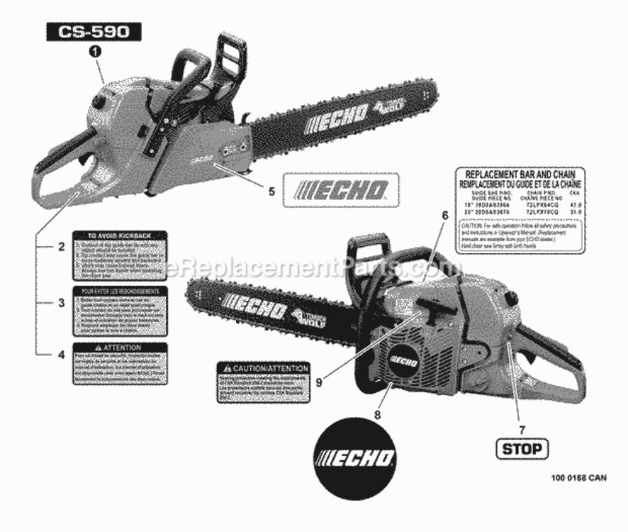 Labels Diagram and Parts List for CS-590 C25913001001 - C25913999999 Echo Chainsaw