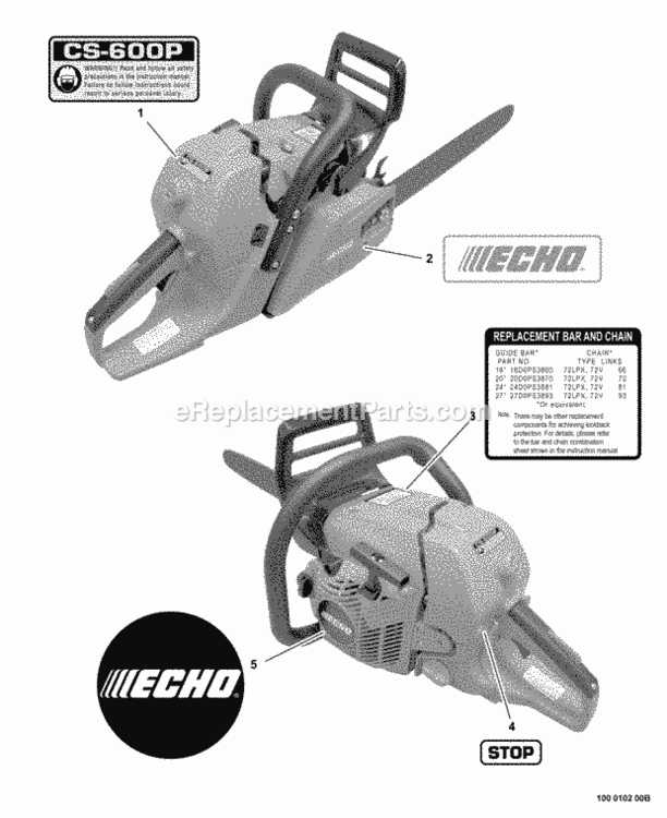Labels Diagram and Parts List for CS-600P C03603001001 - C03603999999 Echo Chainsaw