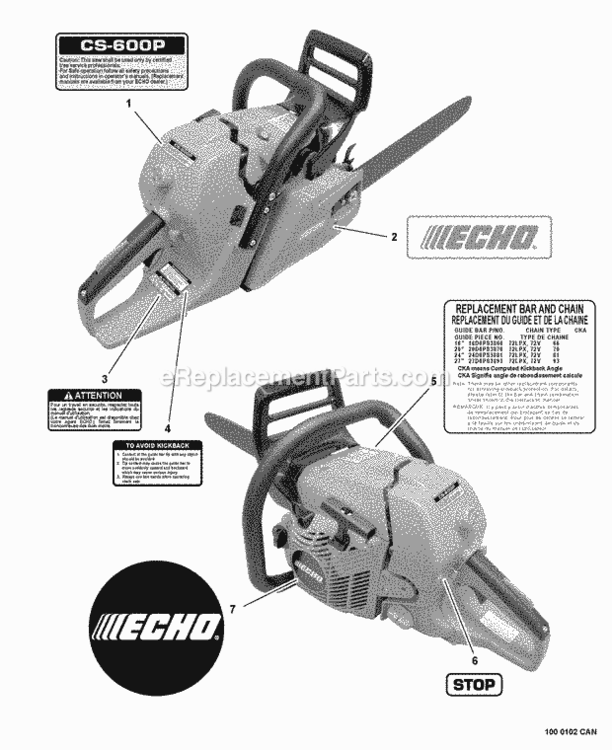 Labels Diagram and Parts List for CS-600P C03704001001 - C03704999999 Echo Chainsaw