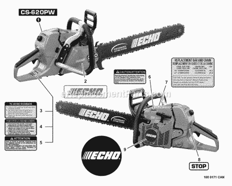 Labels Diagram and Parts List for CS-620PW C27013001001 - C27013999999 Echo Chainsaw