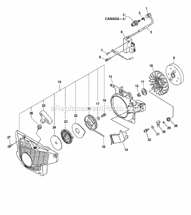 Ignition_Starter_Flywheel Diagram and Parts List for CS-680 C03203001001 - C03203999999 Echo Chainsaw