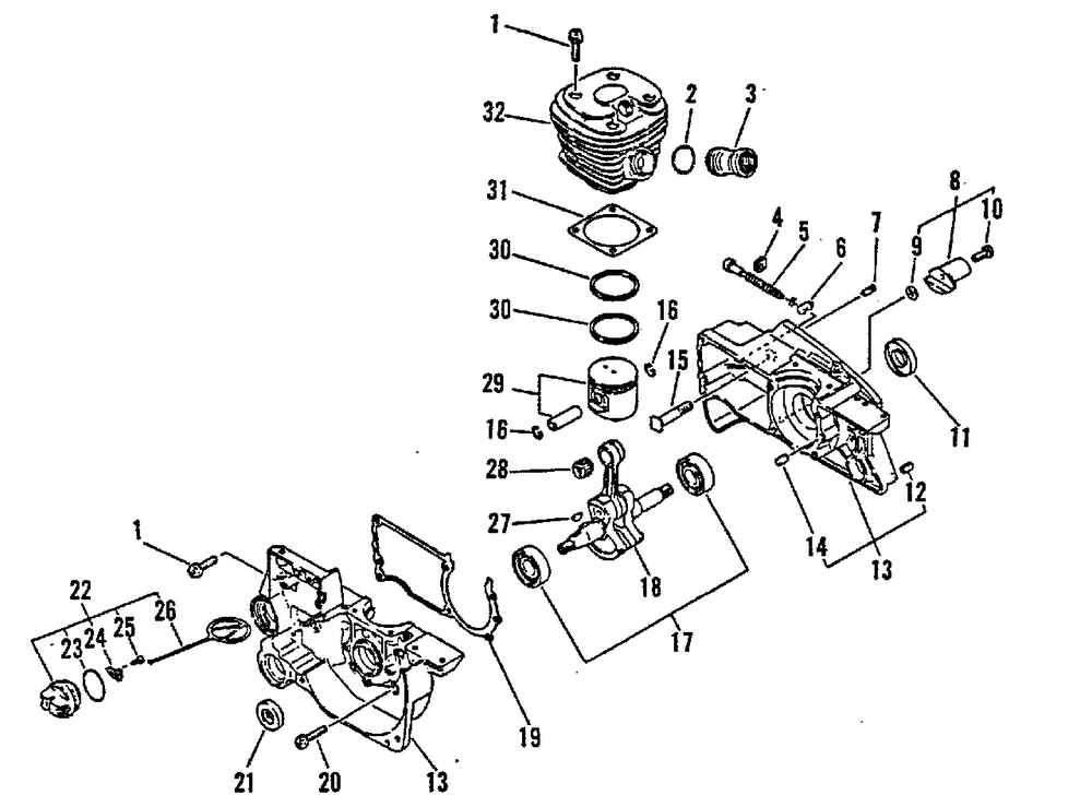 Engine, Crankcase Diagram and Parts List for CS-4600 0033241 - 9999999 Echo Chainsaw