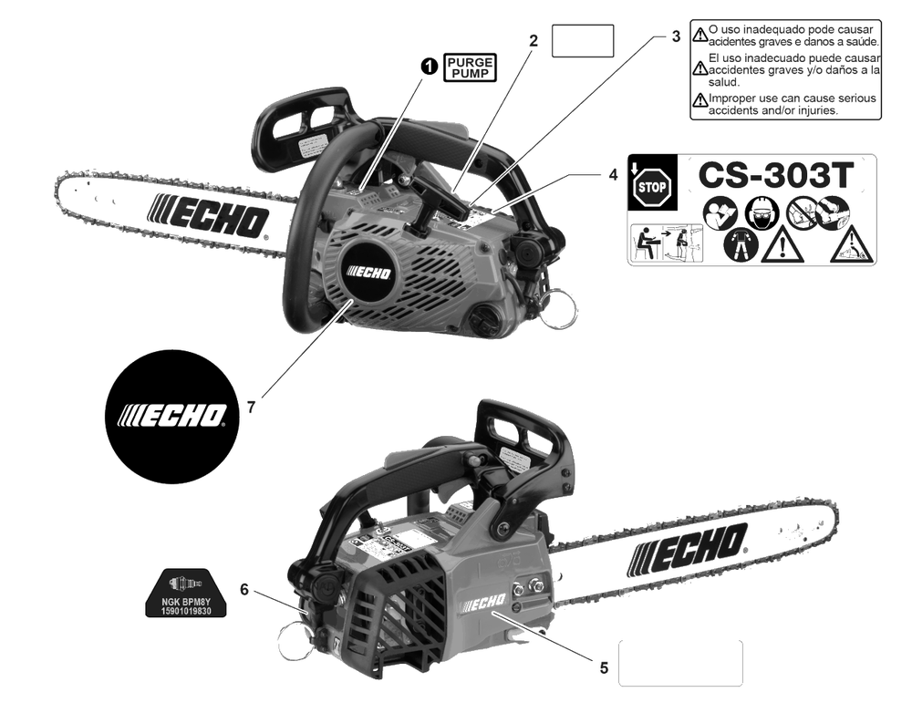 Labels Diagram and Parts List for CS-303T C83829001001 - C83829999999 Echo Chainsaw