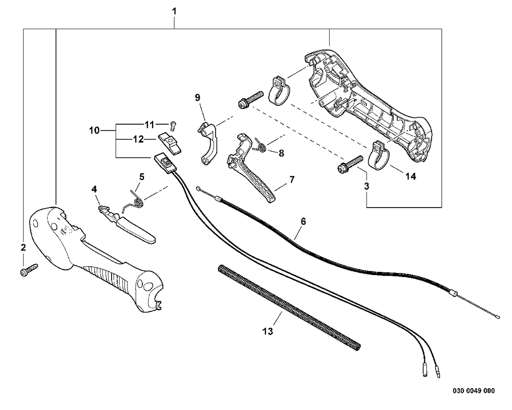 Control Handle, Throttle Cable Diagram and Parts List for SRM-251 08001001 - 08999999 Echo Trimmer