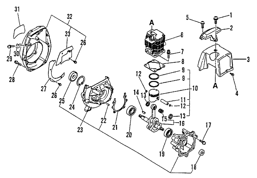 Engine, Crankcase, Fan Housing, Cover Diagram and Parts List for SRM-2501 043001 - 061968 Echo Trimmer
