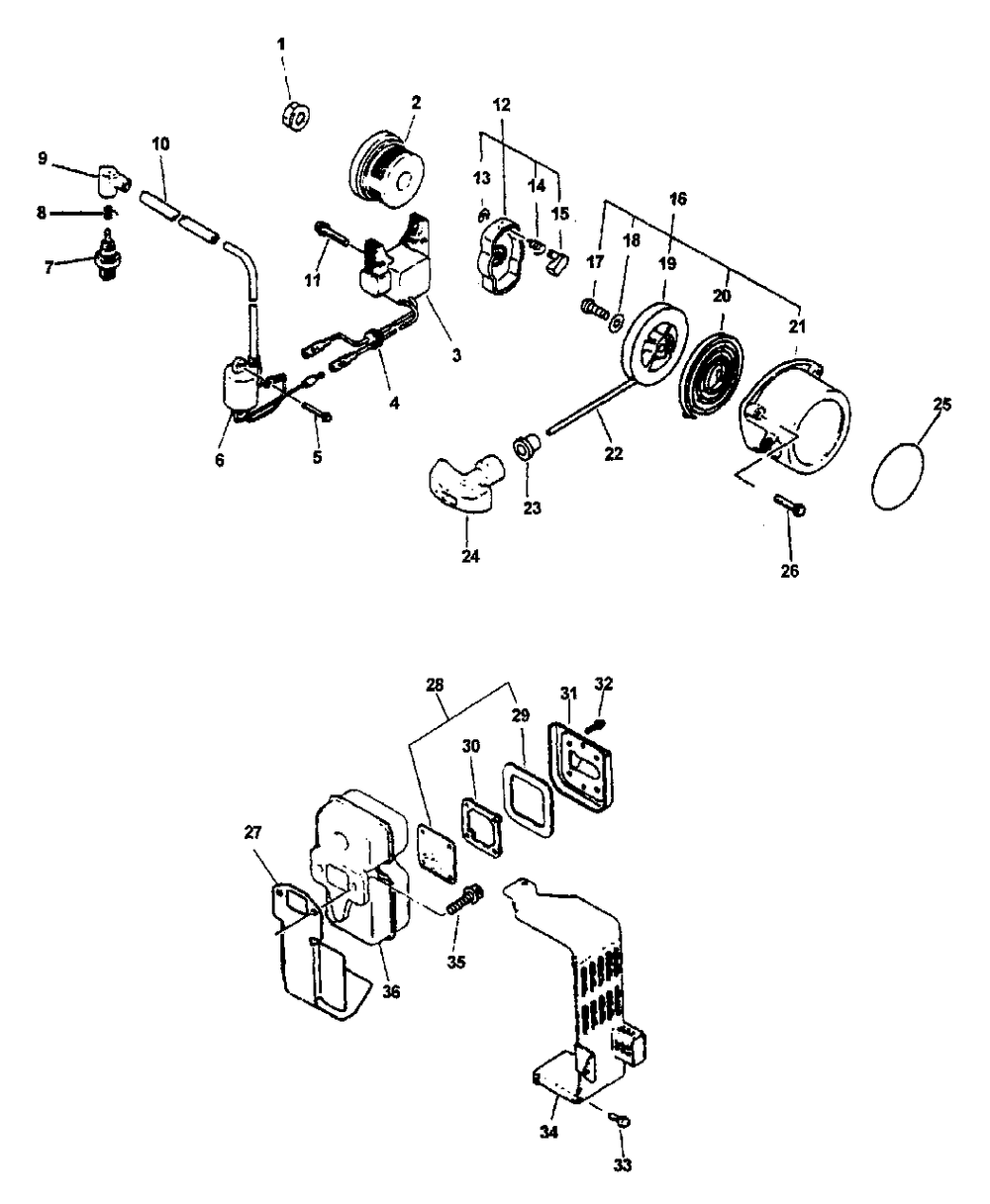 Ignition, Starter, Exhaust Diagram and Parts List for PB-400E (Type 1E)(001001 - 509500) Echo Leaf Blower / Vacuum