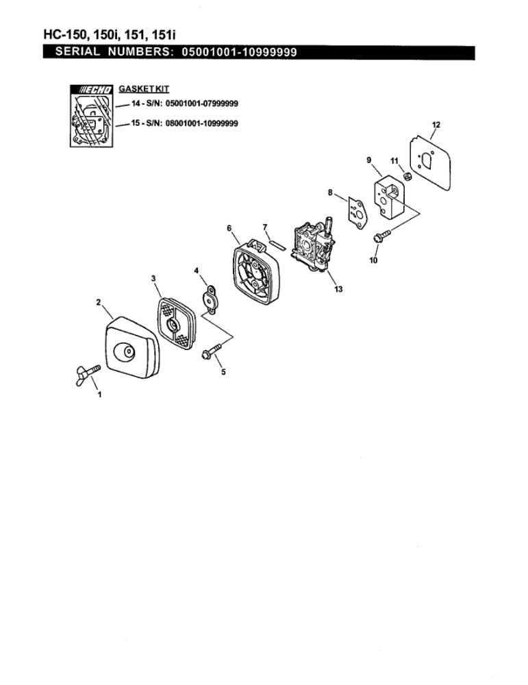 Intake Diagram and Parts List for HC-151I 05001001-07999999 Echo Hedge Trimmer
