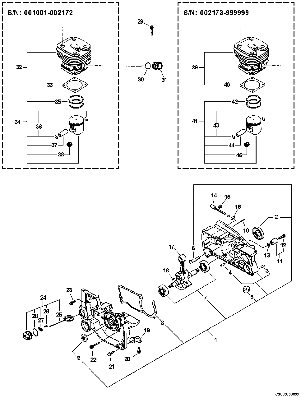 Engine, Cylinder, Crankcase, Oil Cap, Chain Catcher Diagram and Parts List for CS-8000 Type 1E Echo Chainsaw