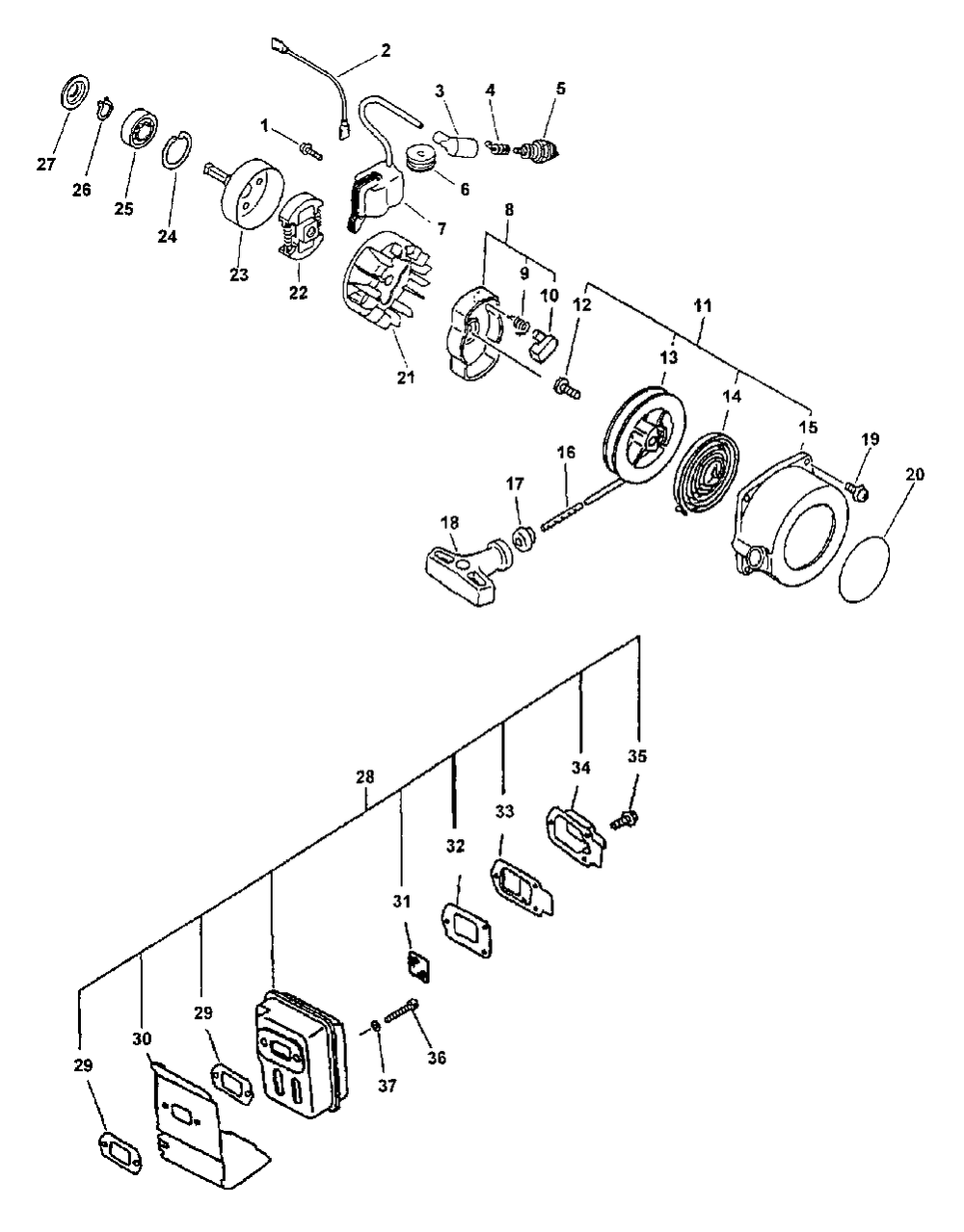 Ignition, Starter, Clutch, Muffler Diagram and Parts List for PPF-2110 001001 - 506099 Echo Pole Saw