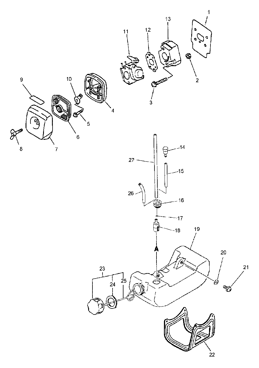 Intake, Air Filter, Fuel System Diagram and Parts List for PPF-2100 506100 - 509499 Echo Pole Saw