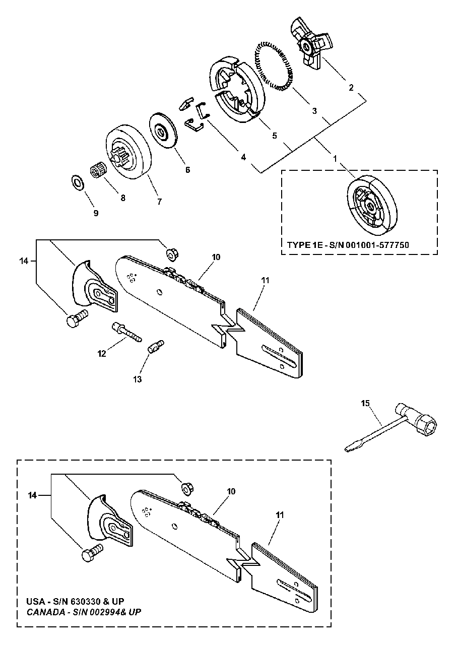 Clutch And Guide Bar Diagram and Parts List for CS-3000 (Type 1E)(00001001 - 99999999) Echo Chainsaw