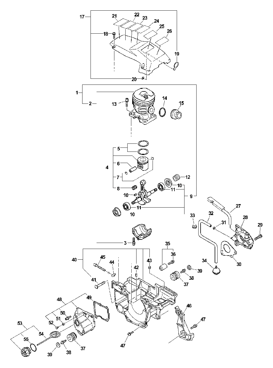 Auto-Oiler, Crankcase, Cylinder, Piston Diagram and Parts List for CS-4400 (Type 1E)(101001 - 999999) Echo Chainsaw