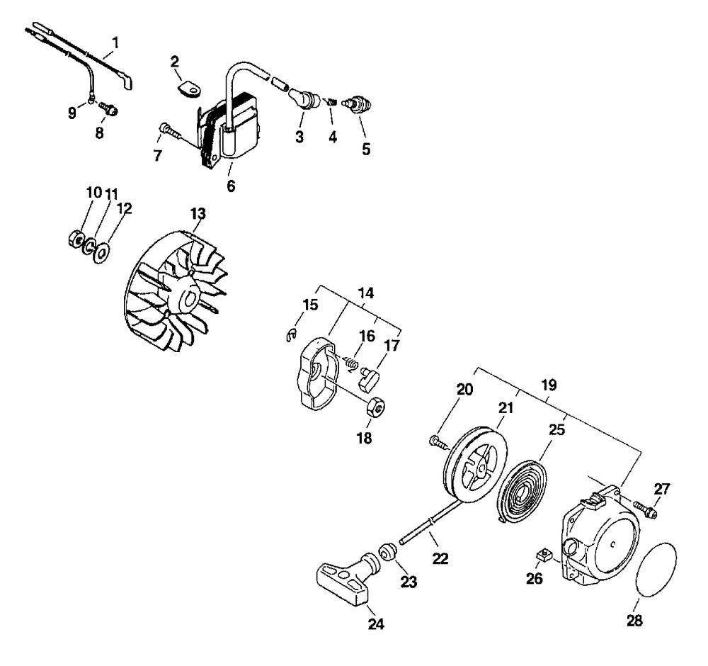 Ignition, Starter, Flywheel Diagram and Parts List for PE-2601 Type 1E Echo Edger