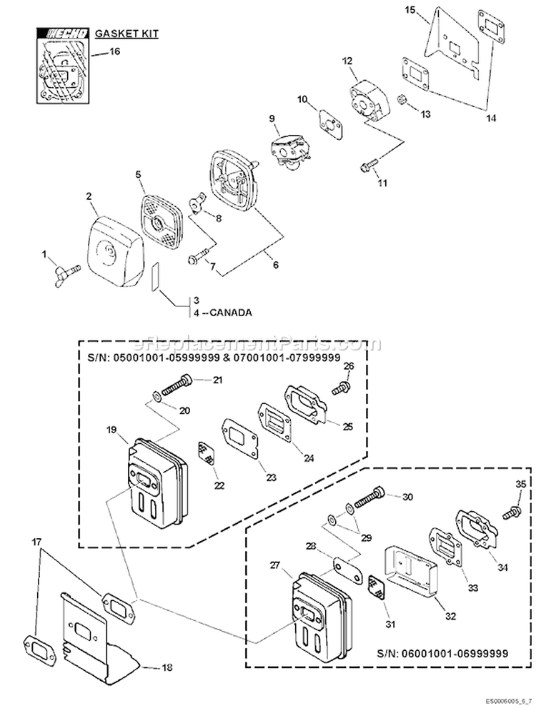 Page E Diagram and Parts List for ES-210 07001001 - 07999999 Echo Chipper Shredder
