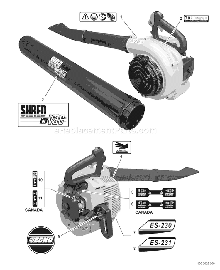 Page J Diagram and Parts List for ES-230 P18912001001 - P18912999999 Echo Chipper Shredder