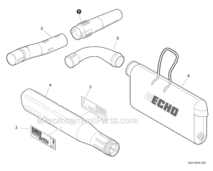 Blower Tubes, Debris Bag Diagram and Parts List for ES-250 P33612001001-P33612999999 Echo Chipper Shredder