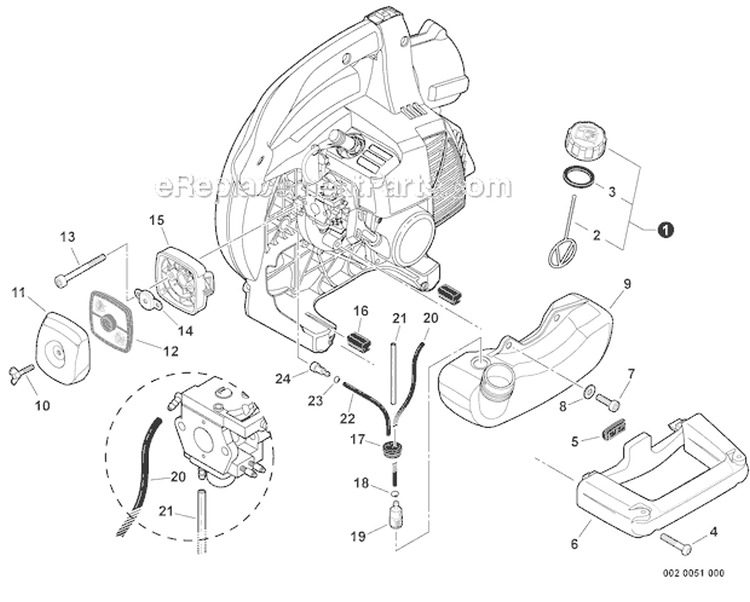 Fuel System, Side Handle Diagram and Parts List for ES-250 P33612001001-P33612999999 Echo Chipper Shredder