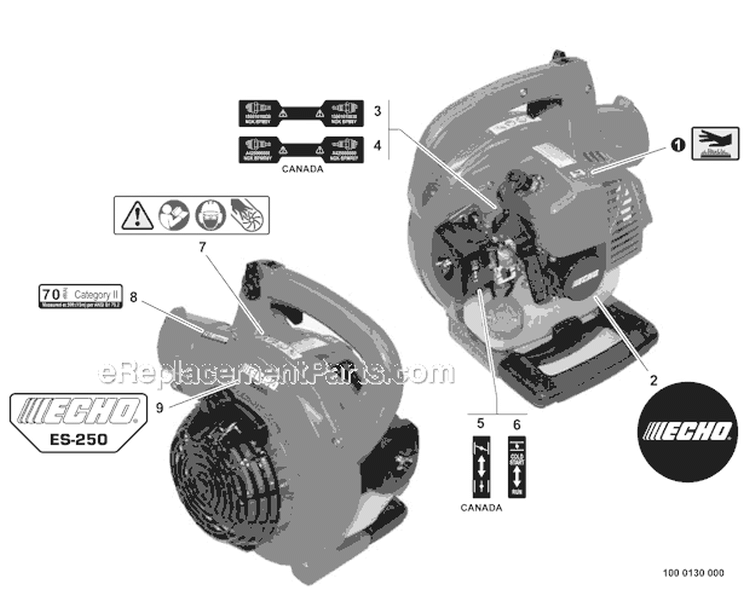 Labels Diagram and Parts List for ES-250 P33612001001-P33612999999 Echo Chipper Shredder