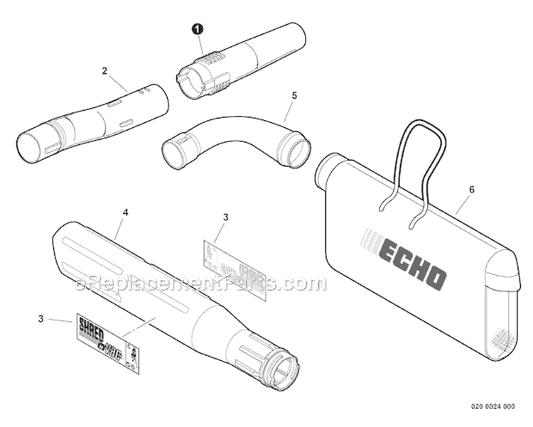 Blower Tubes, Debris Bag Diagram and Parts List for ES-250 P33711001001-P33711999999 Echo Chipper Shredder
