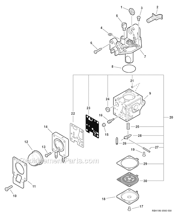 Carburetor - Rb-K106 Diagram and Parts List for ES-250 P33711001001-P33711999999 Echo Chipper Shredder