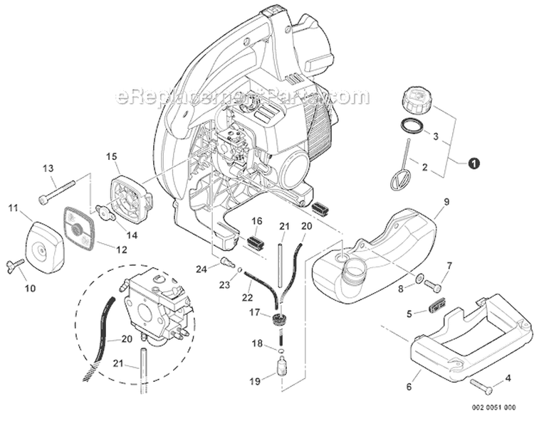 Fuel System, Side Handle Diagram and Parts List for ES-250 P33711001001-P33711999999 Echo Chipper Shredder