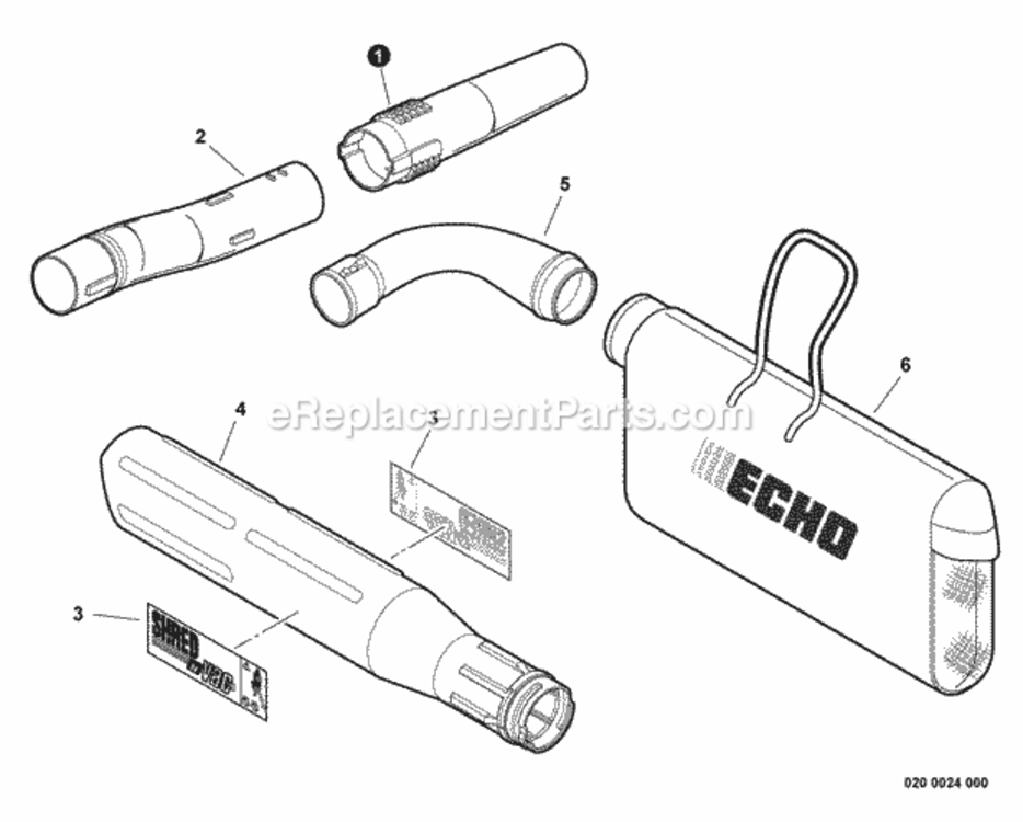 Blower_Tubes_Debris_Bag Diagram and Parts List for ES-250 P38311001001 - P38311999999 Echo Chipper Shredder