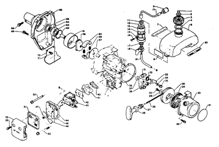 Clutch, Exhaust, Fan Case, Fuel System, Intake, Starter Diagram and Parts List for SRM-140 DA Version Echo Trimmer