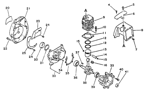 Engine, Crankcase, Fan Housing, Cover Diagram and Parts List for SRM-2501 001001 - 010200 Echo Trimmer