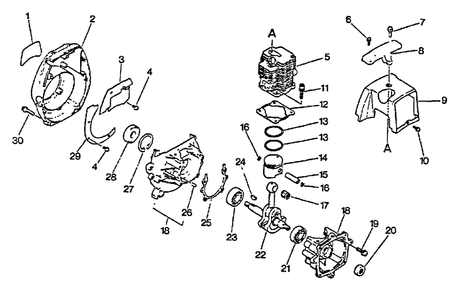 Engine, Crankcase, Fan Housing, Cover Diagram and Parts List for SRM-2501 025001 - 043000 Echo Trimmer