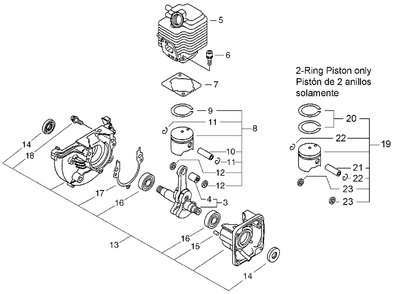 Cylinder, Piston, Crankcase Diagram and Parts List for PPT-2400 (Type 1E)(E14536001001 - E14536999999) Echo Pole Saw