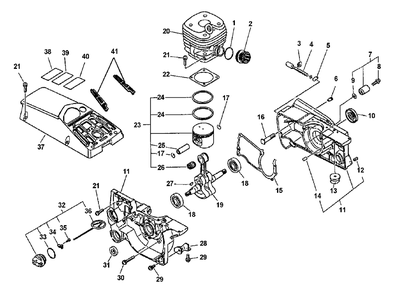 Crankcase, Cylinder, Engine, Piston Diagram and Parts List for CS-6700 Type 1E Echo Chainsaw