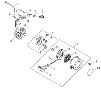 Flywheel, Ignition, Starter Diagram and Parts List for PPT-2400 (Type 1E)(E14220001001 - E14220999999) Echo Pole Saw