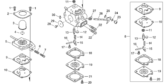 Carburetor Diagram and Parts List for PPT-2400 (Type 1E)(E14220001001 - E14220999999) Echo Pole Saw