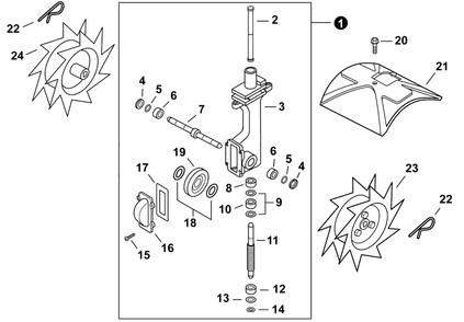Tines, Gear Case, Shield Diagram and Parts List for TC-210 E14714001001 - E14714999999 Echo Tiller