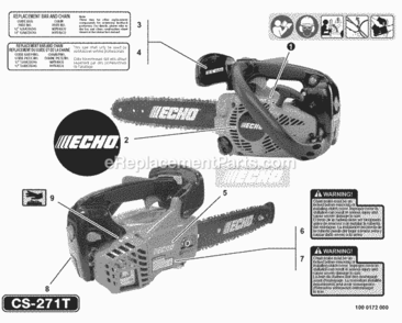 Labels Diagram and Parts List for CS-271T C26312001001 - C26312999999 Echo Chainsaw