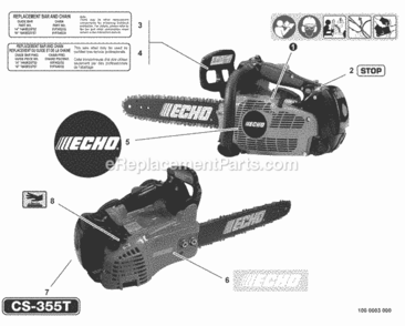 Labels Diagram and Parts List for CS-355T C23512001001 - C23512999999 Echo Chainsaw