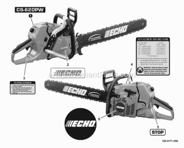 Labels Diagram and Parts List for CS-620PW C26912001001 - C26912999999 Echo Chainsaw
