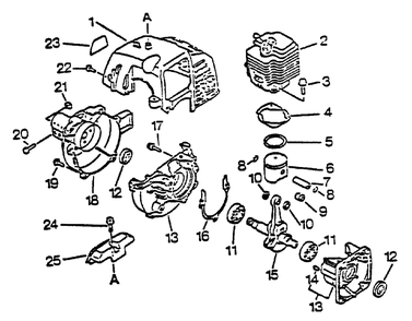 Engine, Crankcase, Fan Housing, Cover Diagram and Parts List for GT-1100 174349 - 181000 Echo Trimmer
