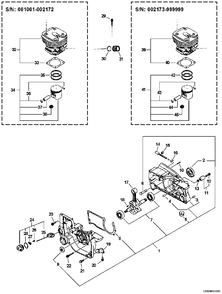 Engine, Cylinder, Crankcase, Oil Cap, Chain Catcher Diagram and Parts List for CS-8000 Type 1E Echo Chainsaw