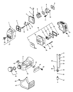 Intake, Exhaust, Fuel System Diagram and Parts List for SRM-3100S Type 1E Echo Trimmer