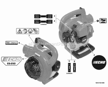 Labels Diagram and Parts List for ES-250 P38311001001 - P38311999999 Echo Chipper Shredder
