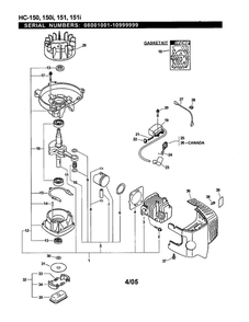 Engine/Short Block/Ignition/Clutch Diagram and Parts List for HC-151I 08001001-10999999 Echo Hedge Trimmer