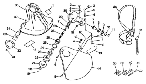 Gear Case, Shield, Harness, Tools Diagram and Parts List for SRM-2501 025001 - 043000 Echo Trimmer