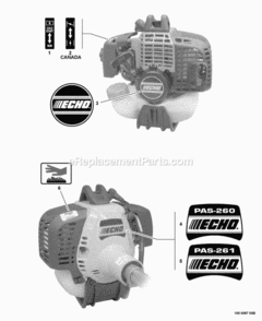 Labels Diagram and Parts List for PAS-260 03001001 - 03999999 Echo Trimmer