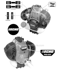 Labels Diagram and Parts List for PAS-265 S67911001001-S67911999999 Echo Trimmer