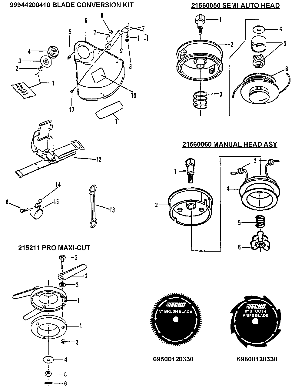 Blade Sets, Heads Diagram and Parts List for SRM-2100 159491 - 999999 Echo Trimmer