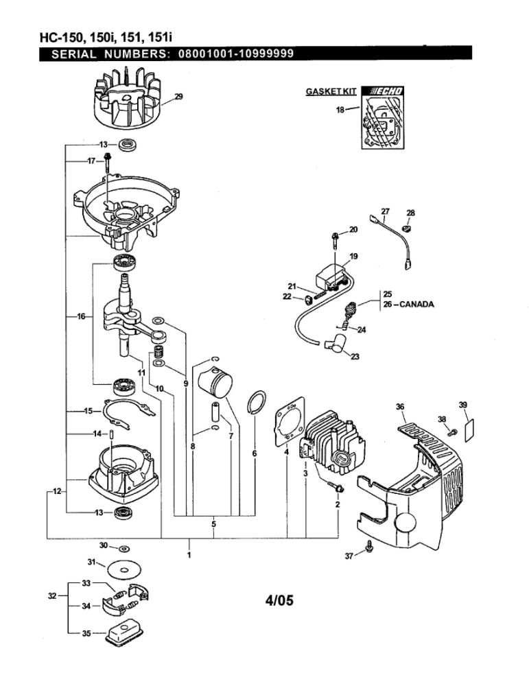 Engine/Short Block/Ignition/Clutch Diagram and Parts List for HC-151I 08001001-10999999 Echo Hedge Trimmer