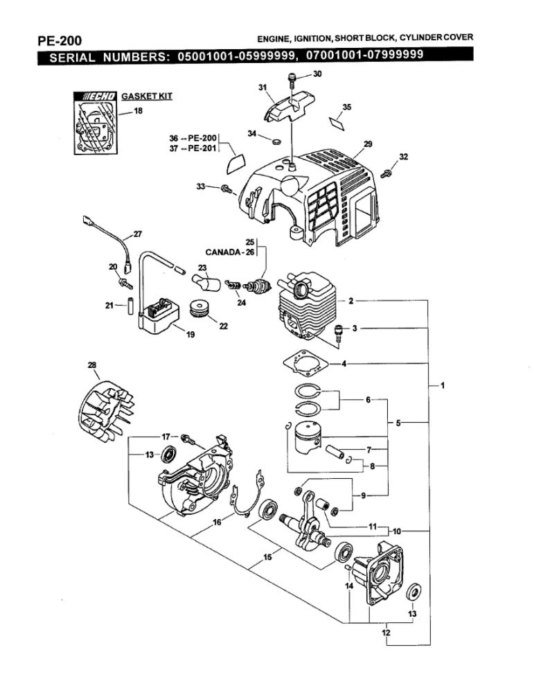 Engine/Ignition/Short Block 2 Diagram and Parts List for PE-200 07001001-07999999 Echo Edger